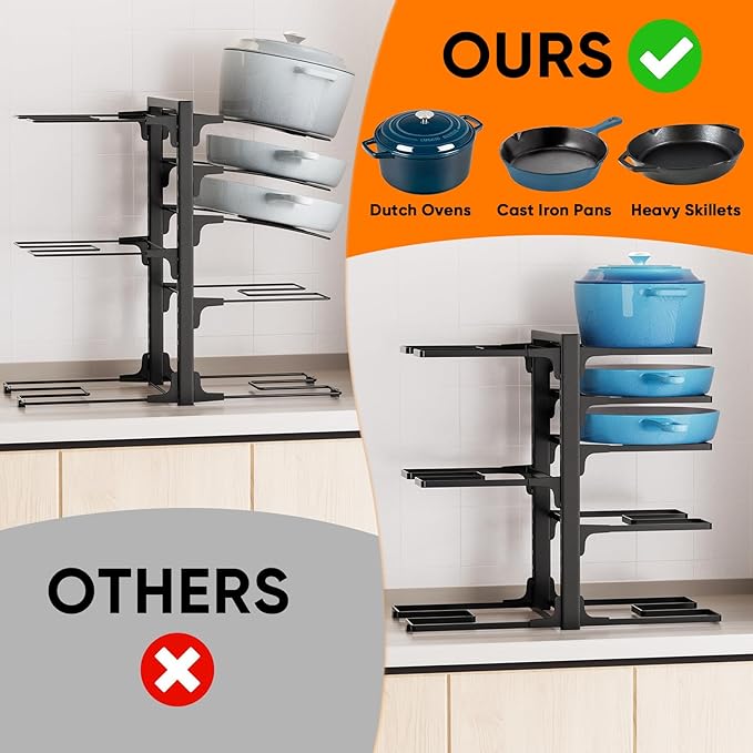 Pots and Pans Organizer Under Cabinet, Heavy Duty 8 Tier Pan Organizer–Carbon Steel Pan Rack, No Assembly Required, Perfect for Cast Iron Skillets, Dutch Ovens, Frying Pans, Pots, and Trays