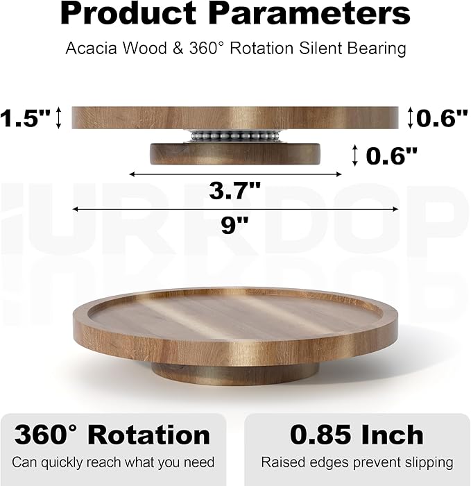 9 inch Wooden Lazy Susan Turntable, Acacia Wood Spinning Organizer for Dining Table, Cabinet, Fridge, countertop, Pantry