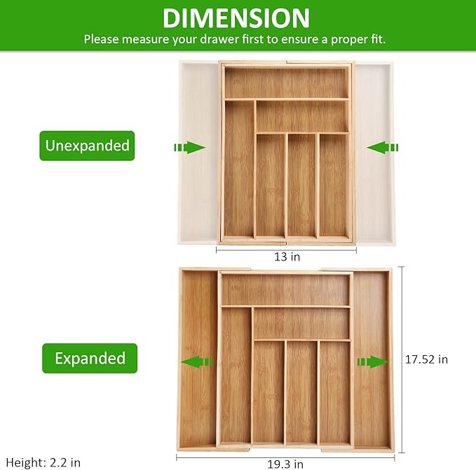 Expandable Silverware Drawer Organizer, Bamboo Kitchen Organizers and Storage, Adjustable Silverware Organizer, Utensil Drawer Organizer for Kitchen Organization (6-8 Slots)