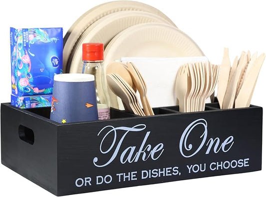 Paper Plate Holder Utensil Caddy Organizer - Rustic Wood Disposable Plate Dispenser with Handles for Cups, Forks, Spoons, Napkins and Silverware Holders (kong paper plate holder)