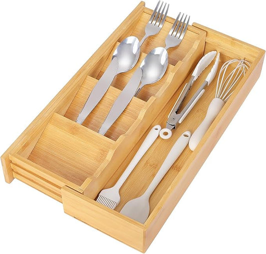 Kitchen Drawer Organizer Bamboo Silverware Drawer Organizer,Expandable Utensil Organizer, Bamboo Cutlery Tray and Utensil Holder for Kitchen Flatware(5 Slots, Natural)
