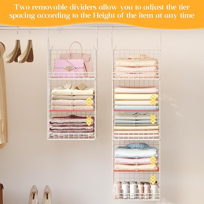 ﻿5 Tier Hanging Closet Organizer Separable Hanging Closet Shelves with 4 Hooks 2 Adjustable Dividers, Wire Storage Basket Bins for Clothing Sweaters Socks Dolls Handbags, Foldable