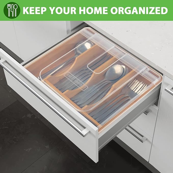 Bamboo Silverware Organizer,Wooden Silverware Tray for Drawer, Utensil Drawer Organizer in Kitchen for Spoons Forks Knives, Multipurpose Use, Eco-Friendly, Large