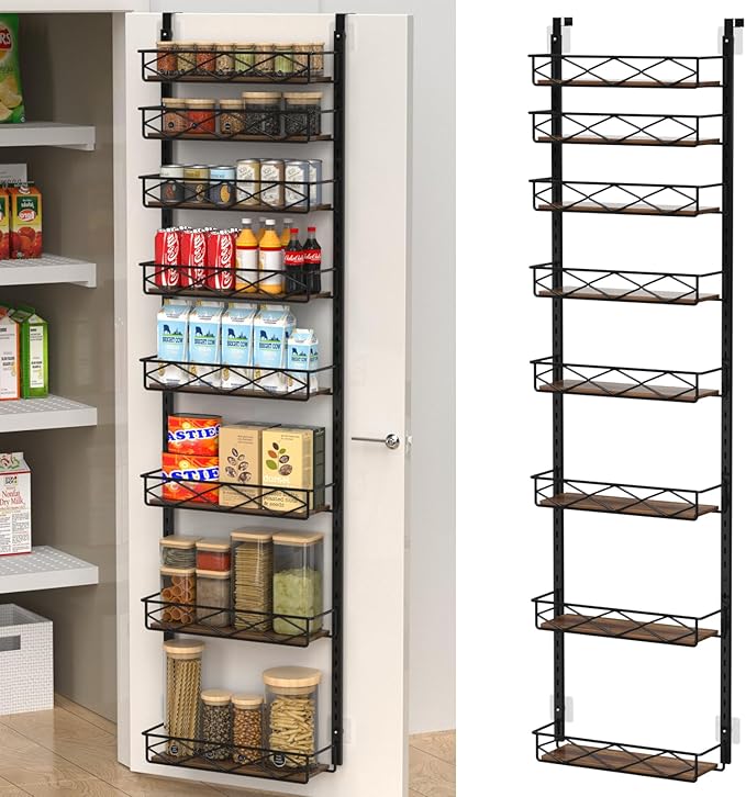 Over The Door Pantry Organizer, 8-Tier Wood & Metal Over The Door Organizer with Adjustable Basket, Hanging Spice Rack, Door Organization and Storage for Kitchen Pantry Door Cabinet, Black