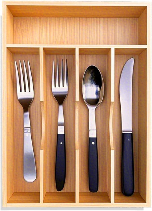 Bamboo Kitchen Drawer Silverware Organizer, 9 Inch Silverware Utensils Tray Holder for Small Drawer, Cutlery Tray, Wood Caddy for Flatware Cutlery Knives 5-Slots