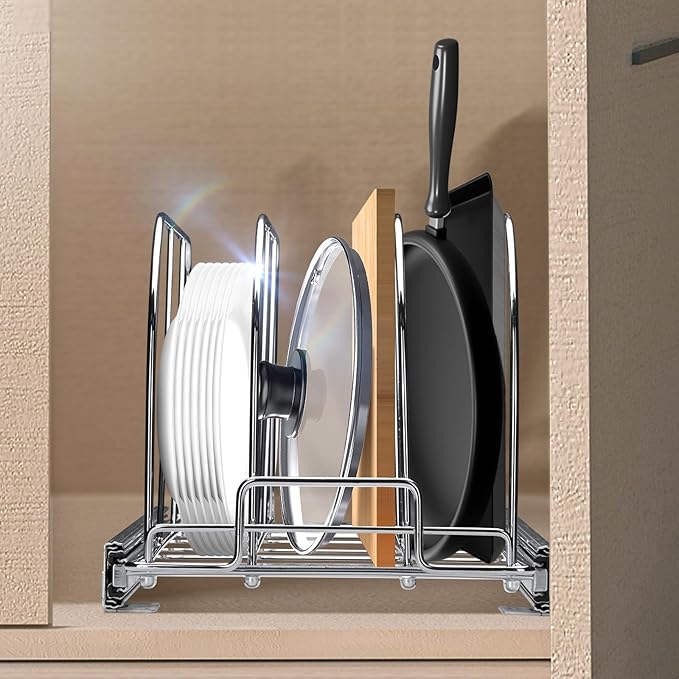 VEVOR Pan and Pot Rack, Expandable Pull Out Under Cabinet Organizer, Cookie Baking Pans tray Organization, Adjustable Wire Dividers, Steel Lid for Kitchen Cabinet & Pantry, 9.5"W