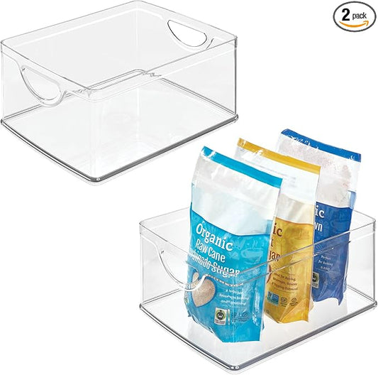 iDesign Pantry Storage Bins with Handles - Organizer Bins for Cabinets or Fridge - Set of 2 - Clear