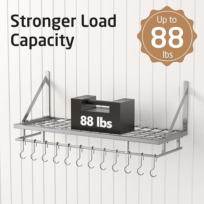 KES 30-Inch Silver Gray Pot Rack, Wall MountedHanging Pot and Pan Organizer with 12 Sturdy Hooks, Kitchen Wall Hanger Shelves Modern, KUR215S75A-SG