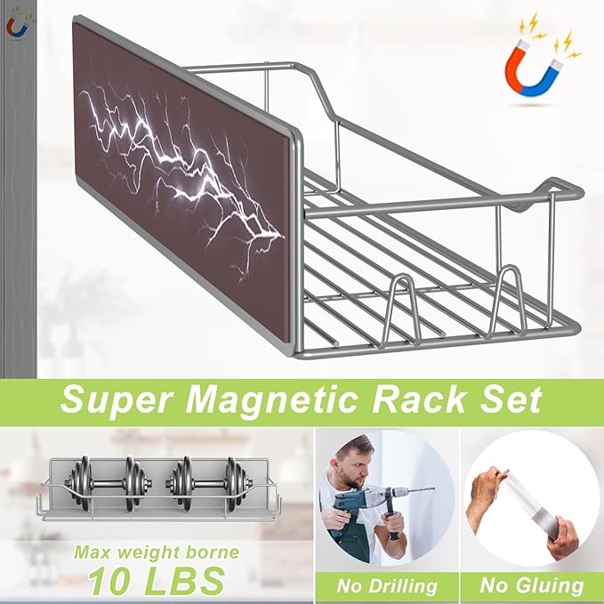 Magnetic Spice Rack for Refrigerator, 2 Pack Strong Magnet Spice Organizer Shelves with Hooks, Magnetic Fridge Shelf for Kitchen Organization and Storage, Seasoning Organizer Gadgets (Grey)