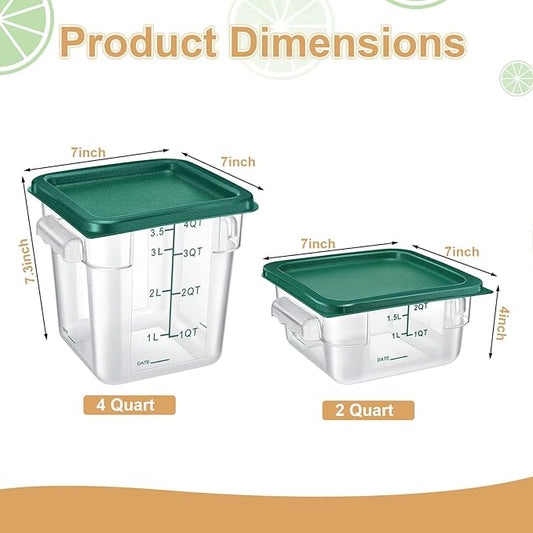 Barydat 4 Pcs Food Storage Container with Lids 2Qt and 4Qt Square Commercial Containers with Scales and Handles Polycarbonate Clear Food Storage for Kitchen Proof Dough Marinating Meat(Green)