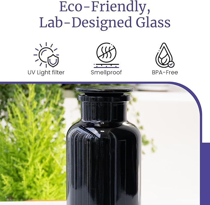 Infinity Jars 1L (34 Fl oz) Round jar Black Ultraviolet Glass Refillable Empty Apothecary Jar with Airtight Glass Lid for Tea, Spices, Dried Goods, Herb Storage | Airtight Smell Proof Jar