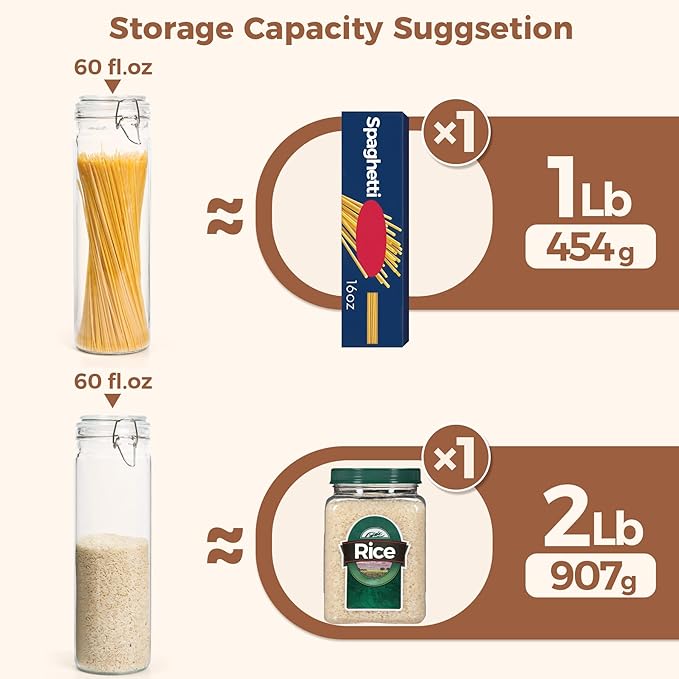 ComSaf 60oz Airtight Glass Jars Set of 3 with Lids Food Storage Jar Round - Tall Spaghetti Container with Clear Preserving Seal Wire Clip Fastening, Pasta jar for Kitchen Canning, Nut,Oat, Dry Goods