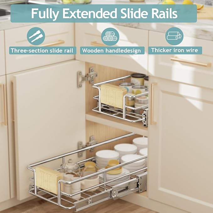 LOVMOR Pull Out Cabinet Organizer with Wooden Handle, 10½" W x 21½"Heavy Duty Cabinet Drawers Shelves Slide Out Organizer for Kitchen, Pantry