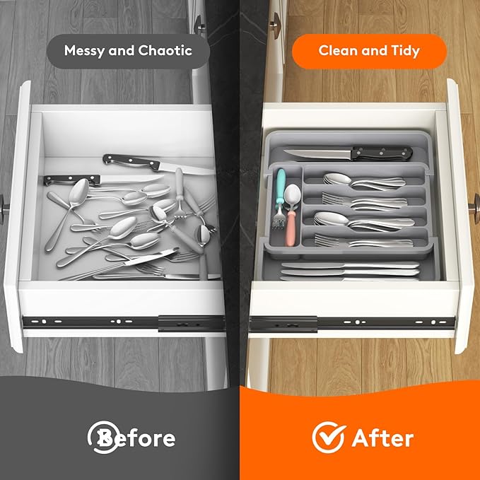 Lifewit Silverware Drawer Organizer, Expandable BPA Free Utensil Tray for Kitchen, Adjustable Flatware and Cutlery Holder for Spoons Forks Knives, Plastic Kitchen Organizers and Storage, Grey