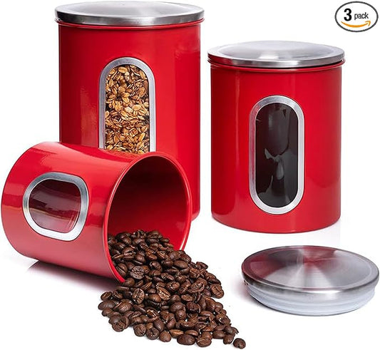 Mixpresso 3-Piece Red Canister Set - Airtight Coffee & Tea Organizer with See-Through Window, Sugar Canister - Kitchen Decor