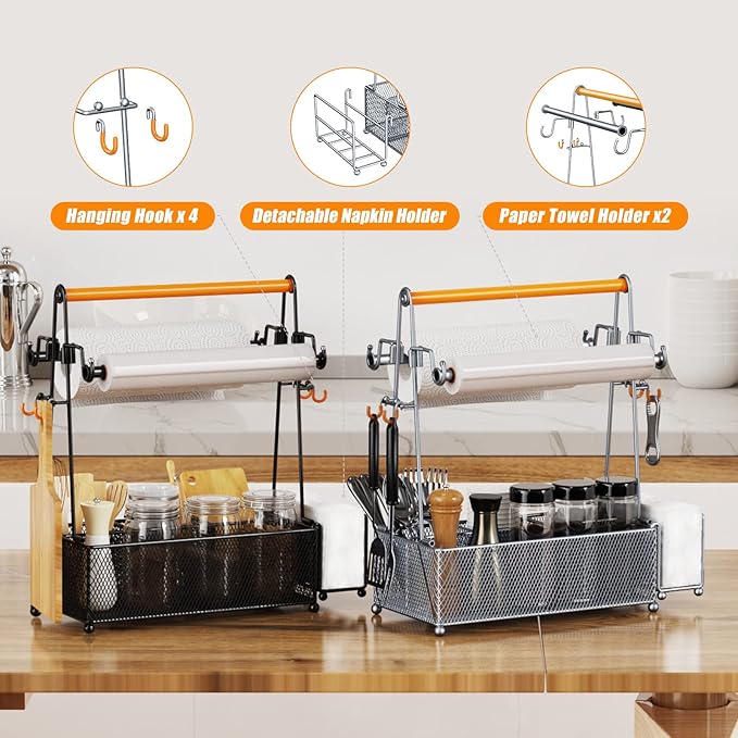 PHINOX Utensil Caddy, Silverware Condiment Cutlery Caddy, Utensil Holder for Party, Picnic Flatware Organizer with Handle and Paper Towel Roll Holders for Camping, Kitchen (SILVER)