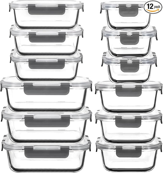 12 Pack Glass Food Storage Containers with Lids, Glass Meal Prep Containers Set with Leak Proof Lids, Airtight Lunch Container for Kitchen, Microwave, Oven, Freezer, Dishwasher Safe, Bpa free
