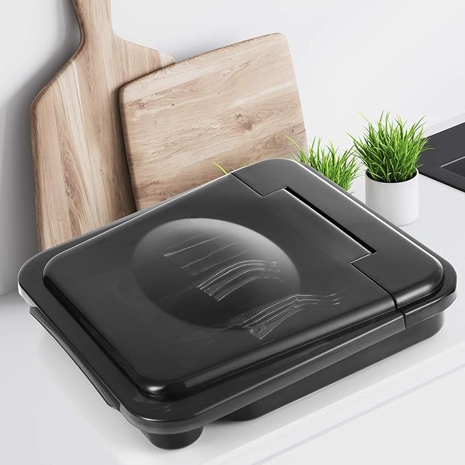 Flatware Plastic Tray with Hinged Lid, Kitchen Cutlery and Utensil Holder Organizer, 5 Compartment Silverware Storage Bin with Attached Cover Top