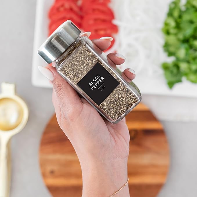 SAVVY & SORTED Glass Jars with 24PK 4oz Containers for Herbs and Seasonings – Includes Pepper Grinder, 374 Labels, Funnel, Shaker Lids & Empty Bottles