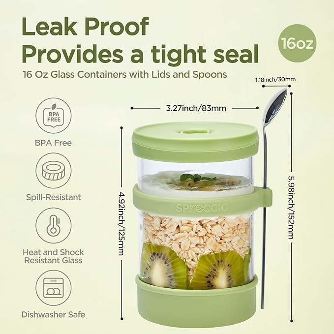 Glass Overnight Oats Containers with Lids of Silicone and Spoon 16 oz [2 Pack], Airtight Overnight Oats Jars with Silicone Lid, For Yogurt Containers Chia Pudding Jars Snack Spice (Green)