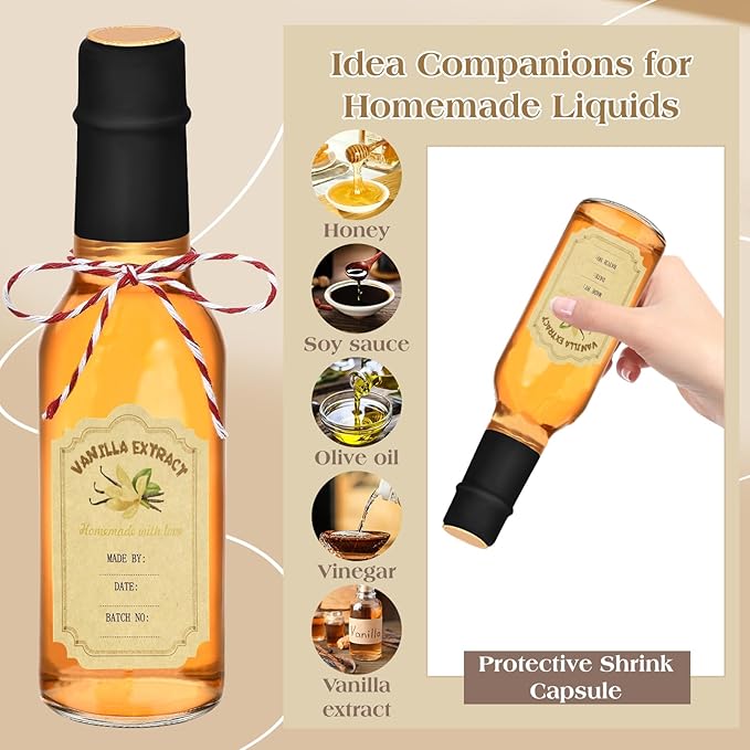 12 Pcs Vanilla Extract Bottles for Homemade, Vanilla Jars Glass Bottle with Lids Cap Shrink Band Sticker Syrup Food Storage Canister for Liquids Bean Sauce Spice Gift Giving(5 oz)