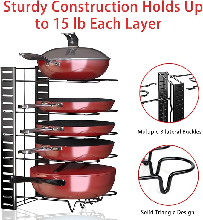 Pots and Pans Organizer for Under Cabinet, 8 Tier Adjustable Pot Organizer Rack for Under Cabinet, With Drain Tray Placeable Cookware Organizer Baking Cookie Cutting Board, 3 DIY Pot Rack Organizer