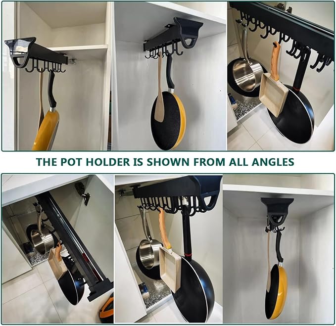 Hanging Pot Rack with 10 Hook for Cabinet 22" Pull Out Pot and Pan organizer Adjustable Pot Racks with Sliding Rail Storage Utility Rack Used for Kitchen/Closet/Cupboard,Load 75LBS