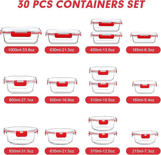 VERONES 30 Pieces Glass Meal Prep Containers Set, Stackable Glass Food Storage Containers with Lids-Airtight Glass Lunch Containers，for Microwave, Oven, Freezer & Dishwasher,Red