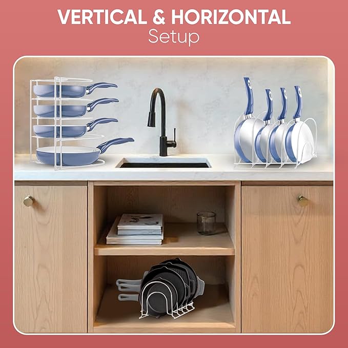 Heavy-Duty Pots and Pans Organizer | 5-Tier Cookware & Lid Storage Rack | Free-Standing or Wall-Mount | Kitchen Organizer for Cast Iron Skillets, Pots, Frying Pans, Lids | White
