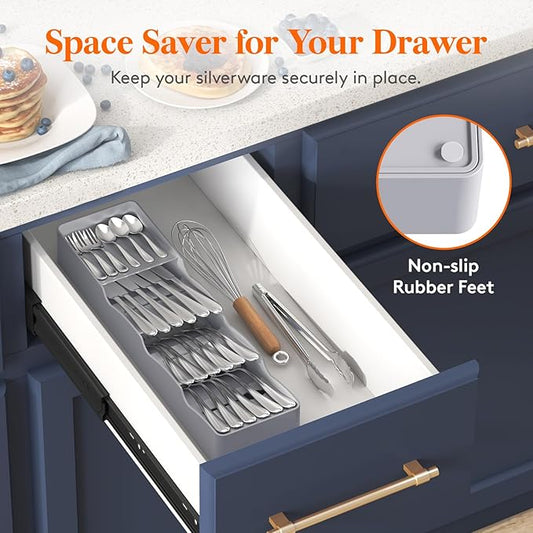 Lifewit Compact Flatware Drawer Organizer, Narrow Silverware Tray for Kitchen Drawers, Plastic Cutlery Holder for Spoons, Forks and Knives, Utensils Storage Organization, 3 Pack, Gray