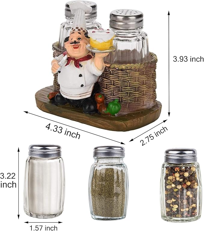 Salt and Pepper Shakers Set,Sitting Chef Decorative Statue Spice Organizer,Glass Spice Jars with Holder Figurine Gift for Family,Kitchen,Restaurant, Cafe,Bakery (Cake)