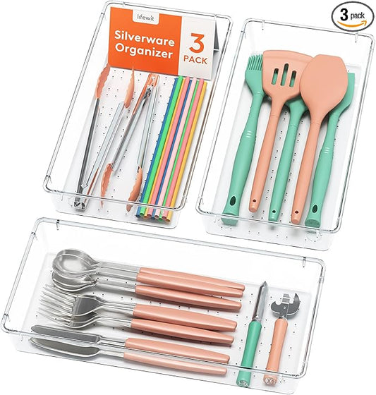 Lifewit Silverware Drawer Organizer, 5.75" x 11.65" Clear Utensil Tray for Kitchen Drawer, Stackable Plastic Flatware and Cutlery Storage Box Divider for Spoons Forks Knives Tools, 3 Pack