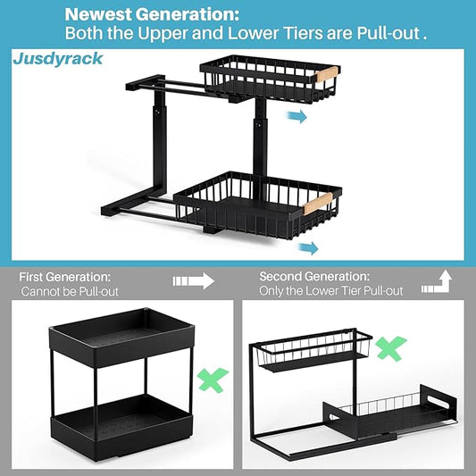 2-Packs 2-Tier Under Sink Organizers – Upgraded 3.0 Version, Sliding Pull-Out Cabinet Storage Shelf, Metal Drawer for Kitchen, Bathroom, Pantry & Closet Organization Rack, Rust-Resistant & Heavy-Duty