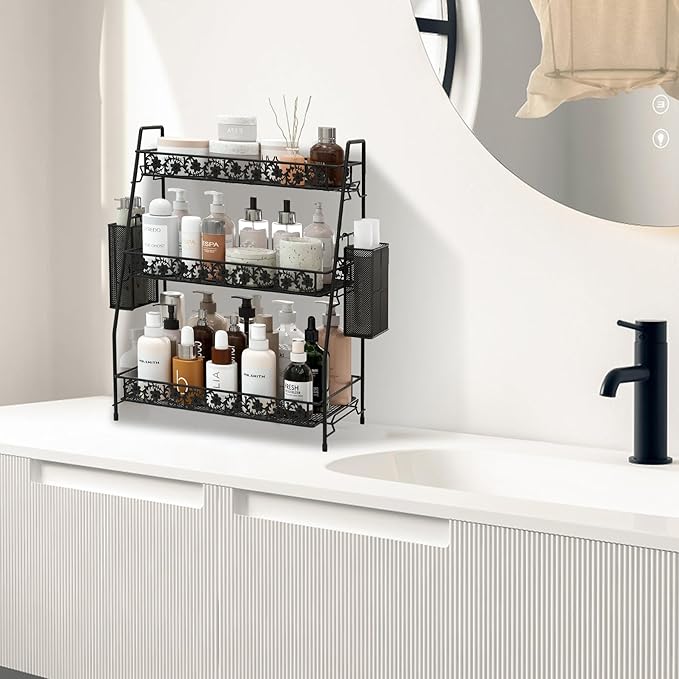 3-Tier Large Size Storage Rack,Counter Organiztion for Bathroom Countertop Organizer Shelf for Spice Racks for Kitchen/Sink/Bedroom/Living room/Office/Plant Rack with Two Metal Baskets