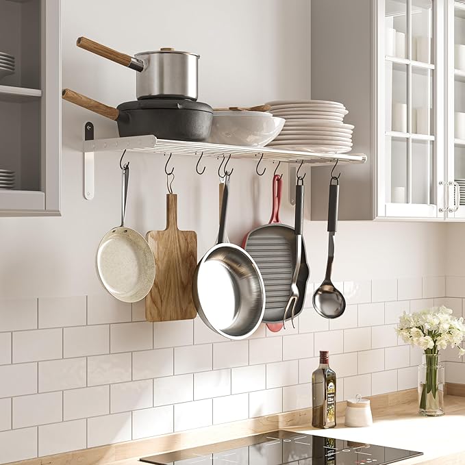 Wallniture Lyon Kitchen Organization and Storage Rack, Stainless Steel Metal Wall Shelf with 10 S Hooks for Hanging Pots and Pans, Chrome