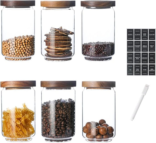 25 OZ Glass Jars 6 Pack with 112 Labels, Clear Glass Storage Containers Food Canisters with Wood Lids