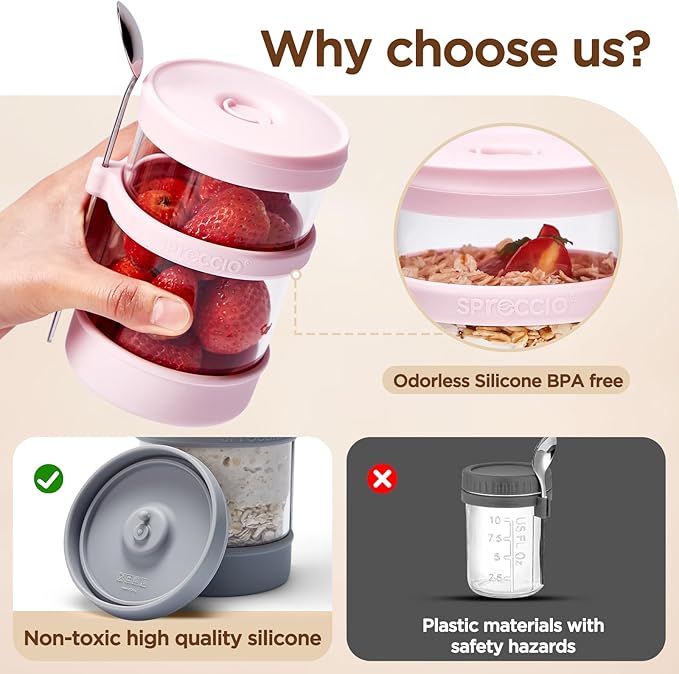 Glass Overnight Oats Containers with Lids of Silicone and Spoon 16 oz [2 Pack], Airtight Overnight Oats Jars with Silicone Lid, For Yogurt Containers Chia Pudding Jars Snack Spice (Pink)