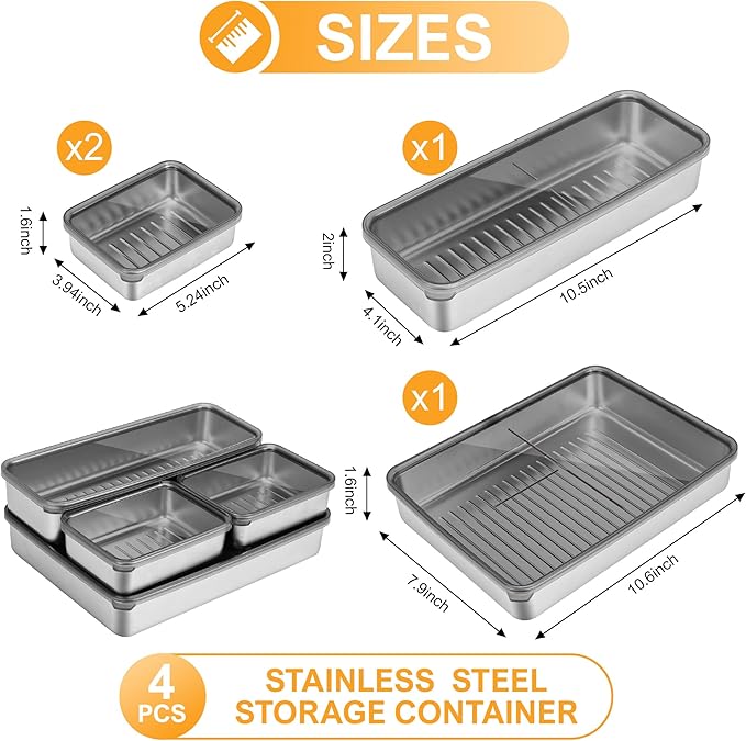 Bacon Container for Refrigerator, Bacon holder for refrigerator,Bacon Storage Container 304 Stainless Steel Sealed Food Storage Container with Clear Lid and Non-Slip Bottom,Deli Containers,4-Box Set