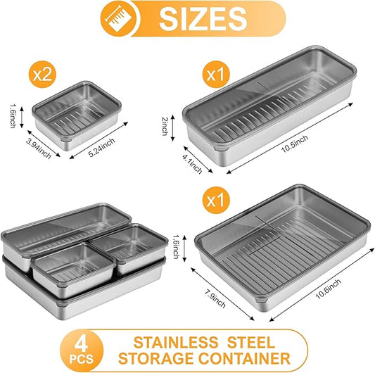 Bacon Container for Refrigerator, Bacon holder for refrigerator,Bacon Storage Container 304 Stainless Steel Sealed Food Storage Container with Clear Lid and Non-Slip Bottom,Deli Containers,4-Box Set