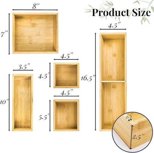 5 Pieces Bamboo Drawer Organizer, Multi-Use Individual Junk Tea Storage Drawer Tray Set with Removable Dividers, Adjustable Cutlery Utensils Holder Bin for Kitchen, Office, Bathroom