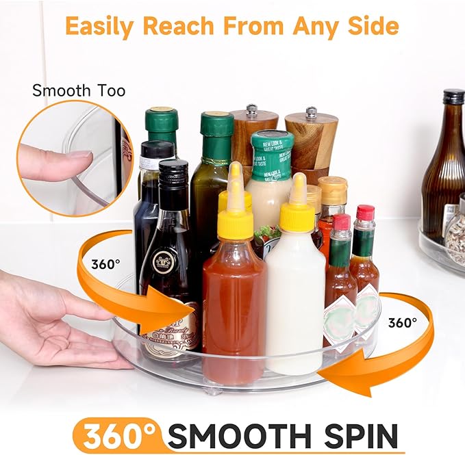 YXT&BEYOND 2 Pack Acrylic Lazy Susan Organizer, 9.25+10.6 Inch Lazy Susan Clear Turntable for Cabinet, 360° Rotating Spice Rack for Kitchen, Cupboard, Pantry, Fridge, Countertop, Bathroom, Table