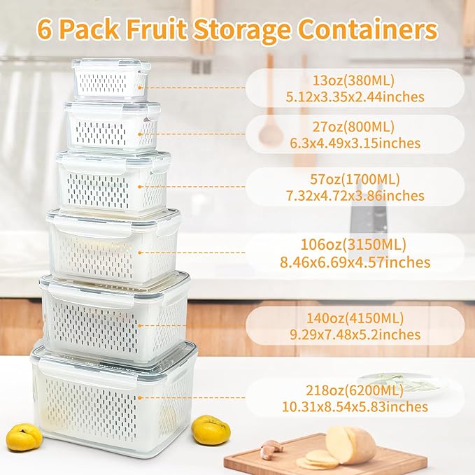 Fruit Storage Containers for Fridge,Produce Saver Containers for Refrigerator with Drain Colander,Food Storage Container,Dishwasher&Microwave Safe,Keep Fruits,Vegetables,Berry,Meat Fresh longer 6Pack.