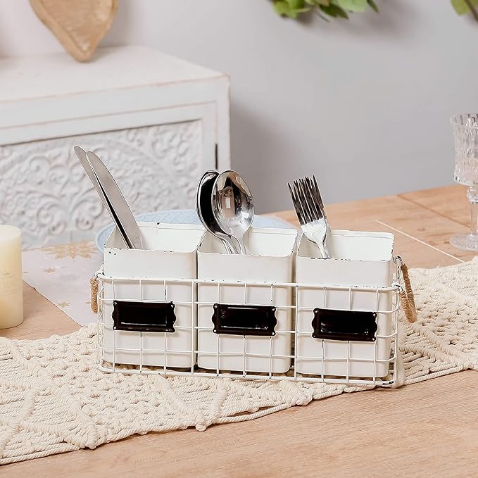 NIKKY HOME Farmhouse 3 Compartment Flatware Cutlery Caddy Countertop Silverware Holder for Spoons, Knives, Forks - White