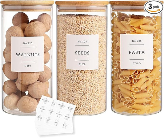 3 Pack Glass Jar with Airtight Bamboo Lid and White 132 Kichen Pantry Labels Preprinted - 44 Oz Clear Tall Glass Food Storage Containers set For Cereal Rice Oat Sugar Tea Coffee Beans