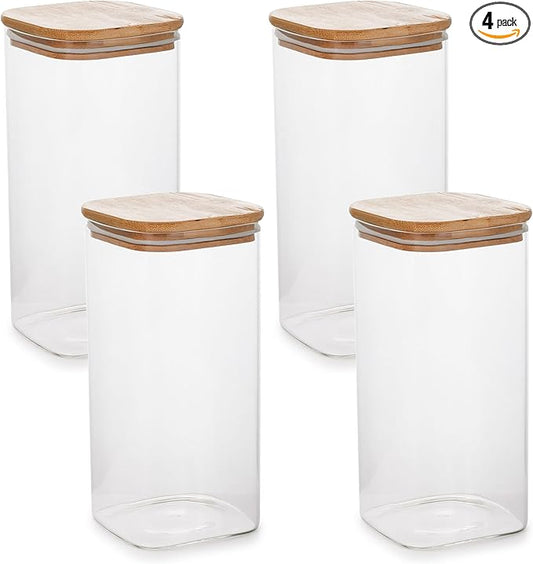 44oz Square Borosilicate Glass Canister With Bamboo Lid, Airtight Pantry Storage Jar Containers Ideal for Rice, Candy, Sugar, Flour, Nuts, Cookies and Coffee Beans (4 Pack)