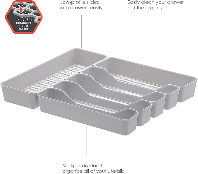 Spectrum Diversified Hexa Drawer Organizer Tray Modern Kitchen Cutlery, Utensil, Silverware Holder Caddy, 6 Dividers Cabinet Storage, 13 x 16, Stone Gray