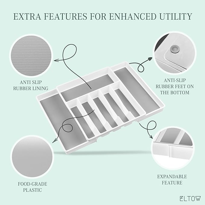 ELTOW Large Expandable Silverware Drawer Organizer, 8 Compartment Non-Slip & Adjustable Silverware Organizer for Drawer, Kitchen Organization for Utensils, Cutlery, Silverware Tray (White)