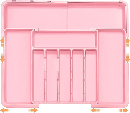Silverware Organizer Expandable Kitchen Utensil Drawer Organizer Large BPA Free Adjustable Cutlery Silverware Tray for Spoons Forks Knives Storage Divider for Kitchen Flatware 6-9 Slots Pink