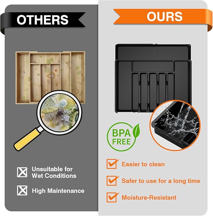 Large Silverware Drawer Organizer, Expandable Utensil Tray for Kitchen, BPA Free Adjustable Flatware and Cutlery Holder with Dividers, Storage and Organization for Spoons, Forks, Knives (6-9 Slots)