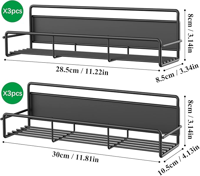 6 Pack Magnetic Spice Rack Organizer for Refrigerator and Microwave Oven, Metal Fridge Shelf for Kitchen, Matt Black